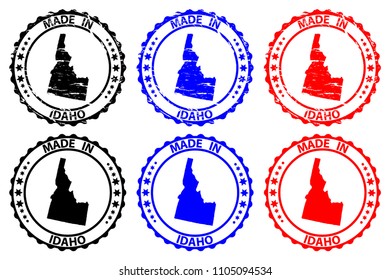 Made in Idaho - rubber stamp - vector, Idaho (United States of America) map pattern - black, blue  and red