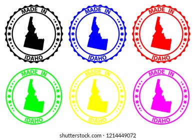 Made in Idaho - rubber stamp - vector, Idaho (United States of America) map pattern - black, blue, green, yellow, purple and red