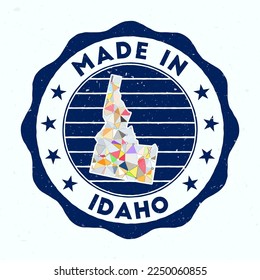 Hecho En Idaho. Sello de la ronda del estado de los Estados Unidos. Sello de Idaho con forma de borde. Banda vintage con texto circular y estrellas. Ilustración vectorial.