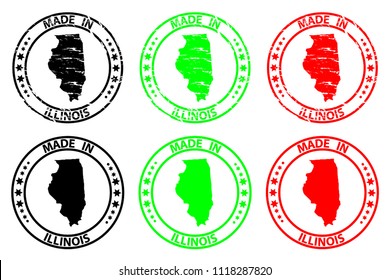 Made in Illinois - rubber stamp - vector, Illinois (United States of America) map pattern - black, green  and red