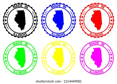 Made in Illinois - rubber stamp - vector, Illinois (United States of America) map pattern - black, blue, green, yellow, purple and red