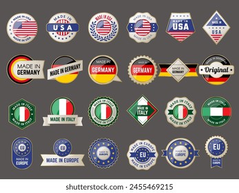 Made in. Fabricación de símbolos de calidad del país hecho en Alemania, Italia, EE.UU. o Europa, insignias de Vector reciente colección