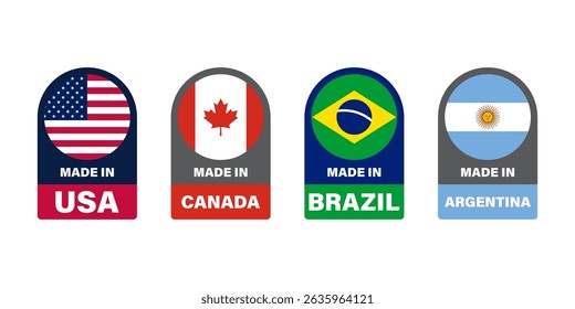 Made in. Stickers american countries icon set. Brazil, Argentina, Canada, USA