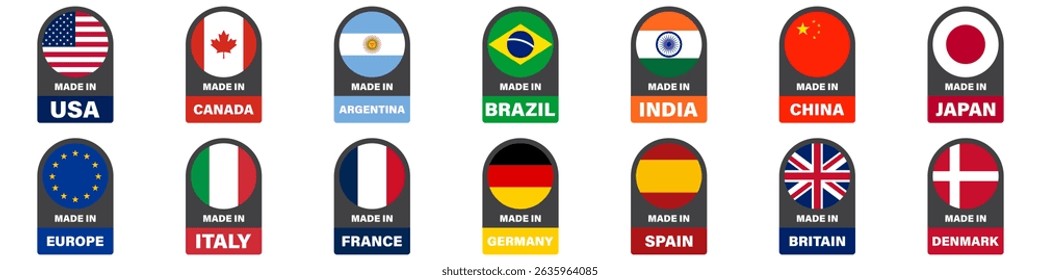 Made in. Stickers different countries icon set.