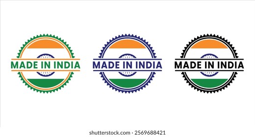 Made in India badge featuring Indian flag colors in bold circular designs. Great for product labeling, packaging, and branding Indian-made goods with national pride and authenticity.