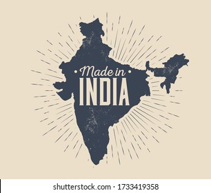 Made In India Badge Or Label Or Logo Design Template With Black India Map Silhouette With Sunburst Isolated On Light Background. Vintage Styled Vector Illustration