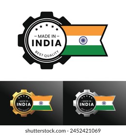 Made in India with gear and flag design. For banner, stamp, sticker, icon, logo, symbol, label, badge, seal, sign. Vector Illustration