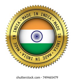 Made in India golden badge with the flag symbol of Indian flag in the center. Vector illustration isolated on white background.