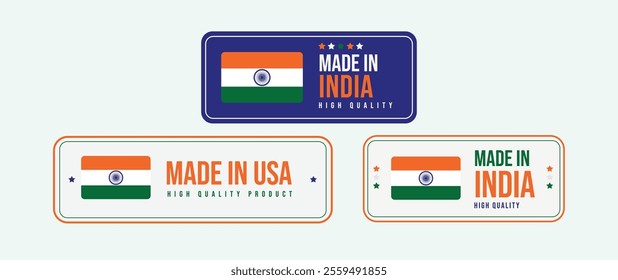 Made in India label set. Made in India stamp, big set of label, stickers, badge. Indian product emblem. Quality product Made in India stamp, sticker with Indian flag and Indian flag colours.