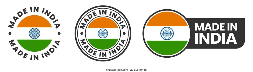 Made in india labels, stamps, badges with indian flag template icon set