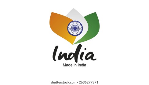 Made in India logo, sticker. Abstract India flag and ribbon in shape of leaf flower with handwritten typography lettering