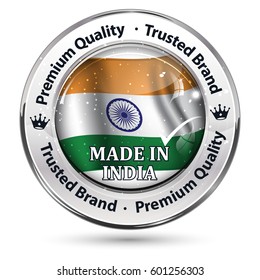 Made in India, Premium quality, because we care - business commerce shiny icon with the Indian flag and the map of India in the background. Suitable for retail industry.