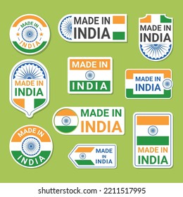 Made in India premium quality guarantee badge with national flag set vector illustration. Commercial production export emblem Indian manufacture patriotic certificate. Country industrial label