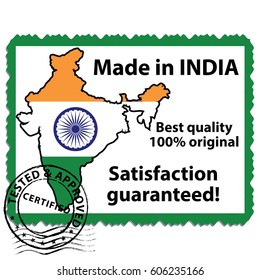 Made in India, Premium Quality, satisfaction guaranteed - grunge label containing the flag colors of India. Print colors used