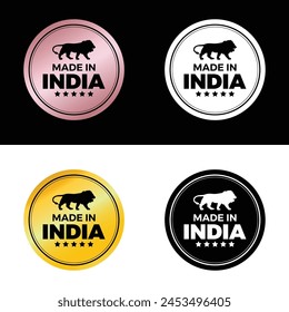 "Made in INDIA", calidad de Premium, sello, icono, emblema, logotipo, sello, insignia, etiqueta de la etiqueta, nueva ilustración, abstracción, Vector plano, aislado nueva ilustración. Diseño redondo. Color de rosa dorado y rojo