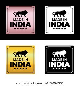 "Made in INDIA", Premium Quality, sticker label, icon, Emblem, logo, badge,  new illustration, abstraction, flat vector, isolated new illustration. Square Design. Golden and Red Rose Color
