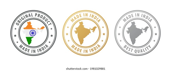 Made in India - set of stamps with map and flag. Best quality. Original product. Vector illustration