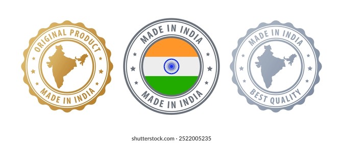 Made in India - set of stamps with map and flag. Best quality. Original product. Vector illustration