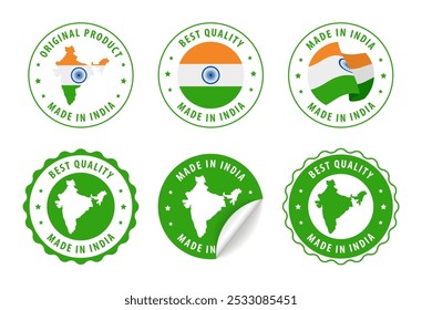 Made in India - conjunto de selos e adesivos com mapa e bandeira. Melhor qualidade. Produto original. Ilustração vetorial.