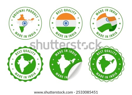 Made in India - set of stamps and stickers with map and flag. Best quality. Original product. Vector illustration.