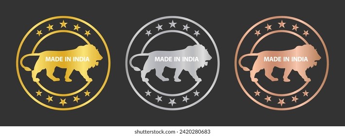 Made in India stamp icon set with stars in circle in gold, silver and bronze color. Made in India symbol icon set for Indian products and industrial usage isolated on black background.