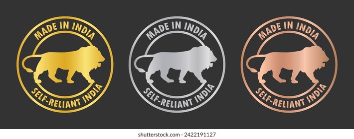 Made in India stamp icon set. Self-Reliant India in golden, silver and bronze color. Made in India symbol icon set for Indian products and industrial usage isolated on black background.