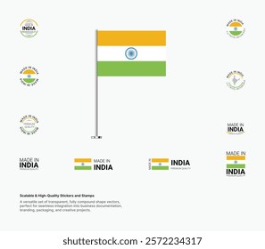 Made in India Stamps, Flag, Tags, labels, Seals, Icons. Creative Designs for Branding and Packaging