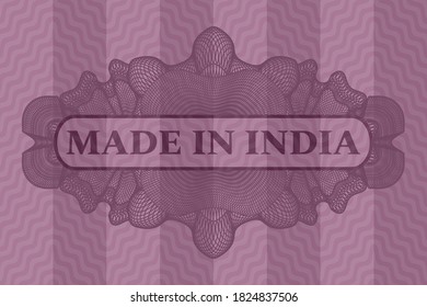 Made in India text in Currency rosa wavy realistische badge. Kurz luxuriöser Hintergrund. Illustration. 