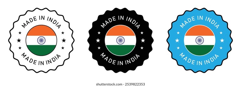 Made in India vector icon. Made in India logo. Text made in india with flag. Use for logo, sale label, web, products and more. Set of three. Isolated on white background. Vector illustration.