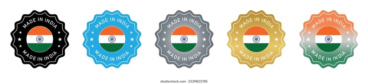 Made in india vector icon set isolated. Made in india logo. Different style. Text made in india with flag. Use for logo, sale label, web, products and more. Isolated vector illustration.
