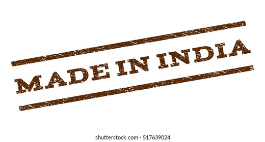 Made In India watermark stamp. Text tag between parallel lines with grunge design style. Rubber seal stamp with scratched texture. Vector brown color ink imprint on a white background.