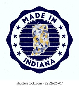 Made In Indiana. Us state round stamp. Seal of Indiana with border shape. Vintage badge with circular text and stars. Vector illustration.