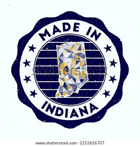 Made In Indiana. US state round stamp. Seal of Indiana with border shape. Vintage badge with circular text and stars. Vector illustration.