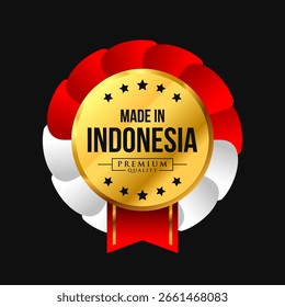 Hergestellt in indonesischem dekorativem Etikettendesign mit kreisförmiger Flagge, Band und Sternen. Premium Luxus Goldfarben. Für Plakette, Ikone, Logo, Symbol, Auszeichnung, Aufkleber, Siegel. Vektorgrafik