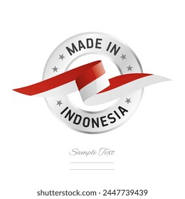 Hecho en Indonesia. Cinta de la bandera de Indonesia con el icono del sello del anillo de plata. Vector aislado de la etiqueta del signo de Indonesia sobre fondo blanco