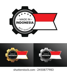 Made in Indonesia with gear and flag design. For banner, stamp, sticker, icon, logo, symbol, label, badge, seal, sign. Vector Illustration