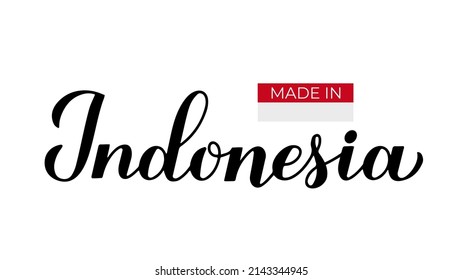 Made in Indonesia handwritten label. Calligraphy hand lettering. Quality mark vector icon. Perfect for logo design, tags, badges, stickers, emblem, product package, etc.