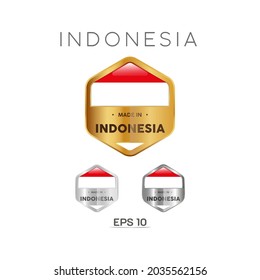 Made in Indonesia Label, Stamp, Badge, or Logo. With The National Flag of Indonesia. On platinum, gold, and silver colors. Premium and Luxury Emblem