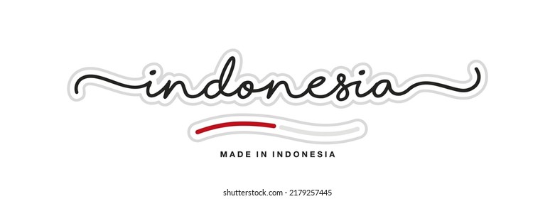 Made in Indonesia, new modern handwritten typography calligraphic logo sticker, abstract Indonesia flag ribbon banner