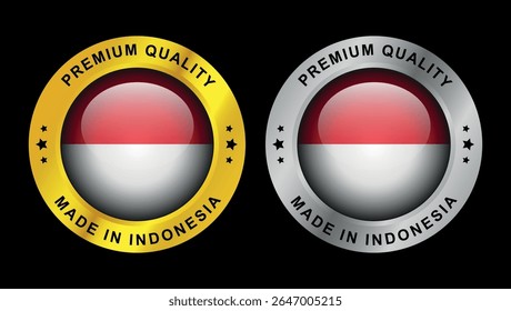 Made in Indonesia premium quality badges in gold and silver with flag button and metallic effect	
