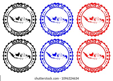 Made in Indonesia - rubber stamp - vector, Republic of Indonesia map pattern - black, blue and red