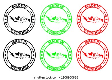 Made in Indonesia - rubber stamp - vector, Republic of Indonesia map pattern - black, green and red
