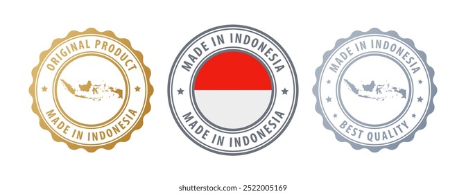 Made in Indonesia - set of stamps with map and flag. Best quality. Original product. Vector illustration