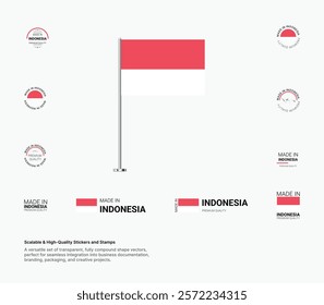 Made in Indonesia Stamps, Flag, Tags, labels, Seals, Icons. Creative Designs for Branding and Packaging