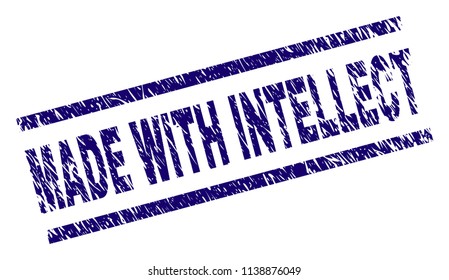 MADE WITH INTELLECT stamp seal watermark with grunge style. Blue vector rubber print of MADE WITH INTELLECT tag with corroded texture. Text tag is placed between parallel lines.