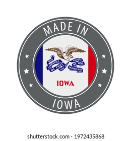 Made in Iowa icon. Gray stamp with a round state flag.