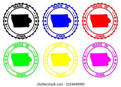 Made in Iowa - rubber stamp - vector, Iowa (United States of America) map pattern - black, blue, green, yellow, purple and red