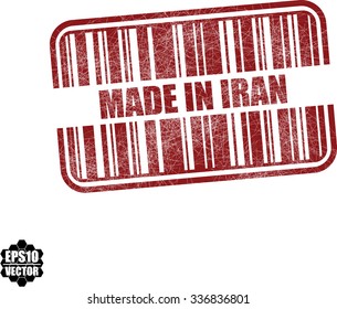 Made in Iran - red barcode grunge rubber stamp design isolated on white background. Vintage texture. Vector illustration