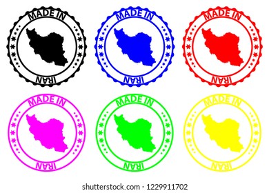 Made in Iran - rubber stamp - vector, Iran map pattern - black, green, blue, yellow, purple and red