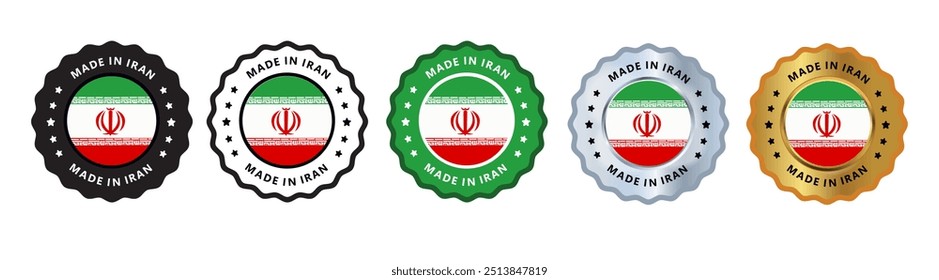 Made in iran set of sign stamp badge, with varian color green, silver, gold, black suitable for products manufactured, military, agriculture or food vector illustration editable
